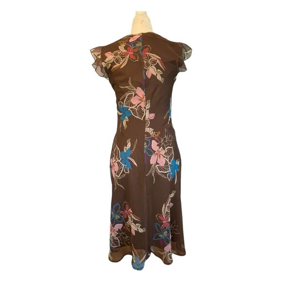 FLP Floral Print Midi Dress Crown Pink Blue Chiffon Ruffle Flutter Short Sleeve - Picture 4 of 7